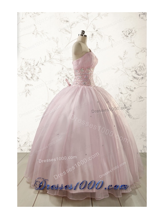 2015 One Shoulder Beading Light Pink Quinceanera Dresses
