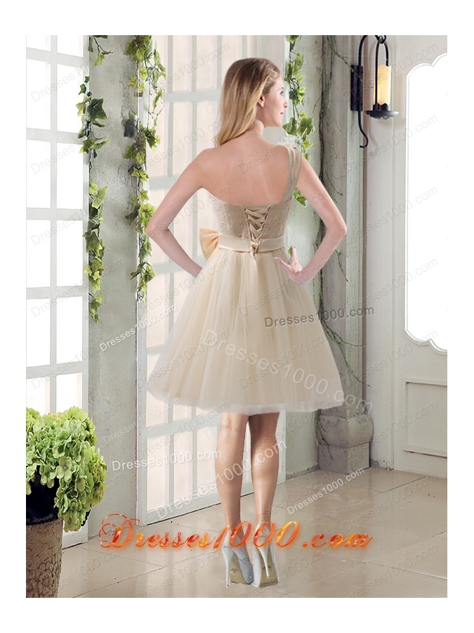 2015 Princess One Shoulder Bowknot Lace Prom Dresses in Champagne