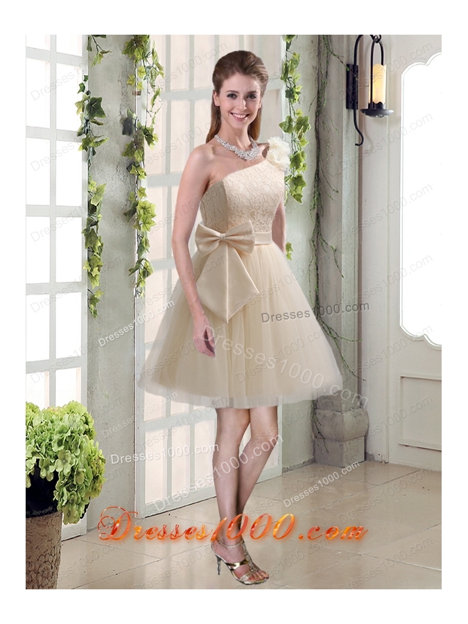2015 Princess One Shoulder Bowknot Lace Prom Dresses in Champagne