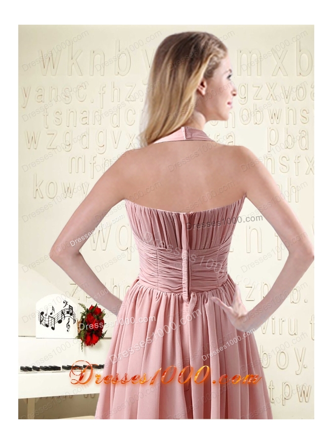 Halter Ruching and Handmade Flowers Empire Chiffon Prom Dresses