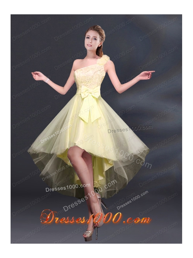 2015 Bowknot High Low Lace Up Prom Dress with One Shoulder