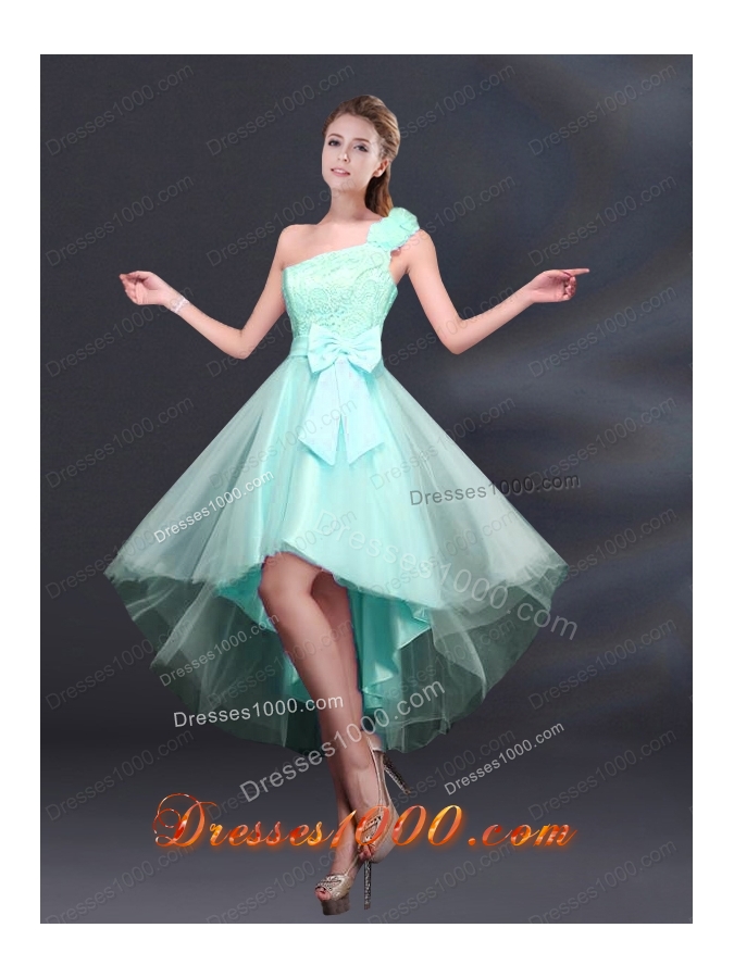 2015 Bowknot High Low Lace Up Prom Dress with One Shoulder