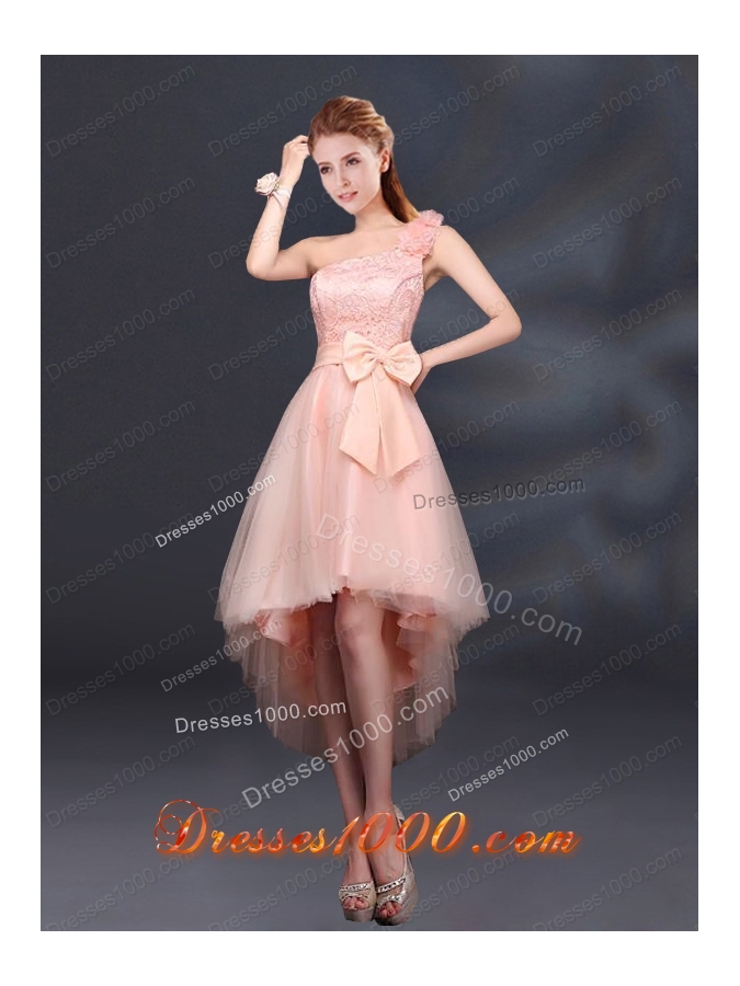 2015 Bowknot High Low Lace Up Prom Dress with One Shoulder