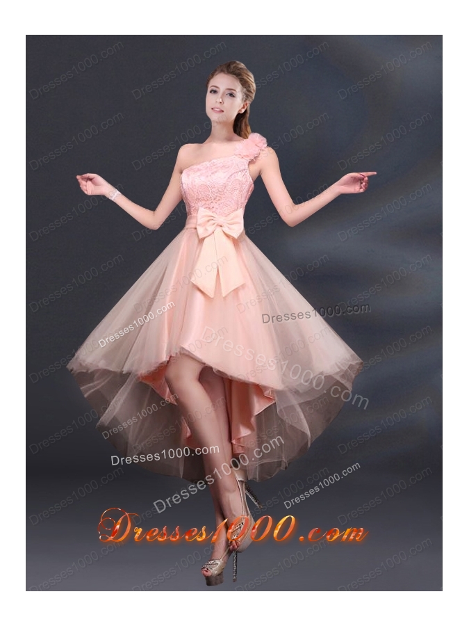 2015 Bowknot High Low Lace Up Prom Dress with One Shoulder