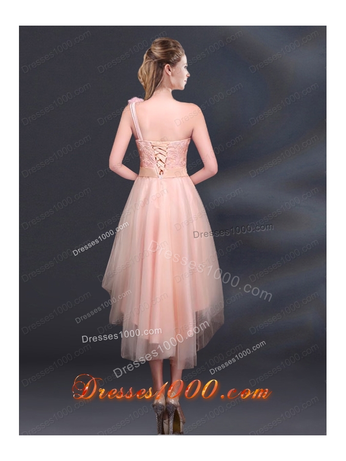 2015 Bowknot High Low Lace Up Prom Dress with One Shoulder