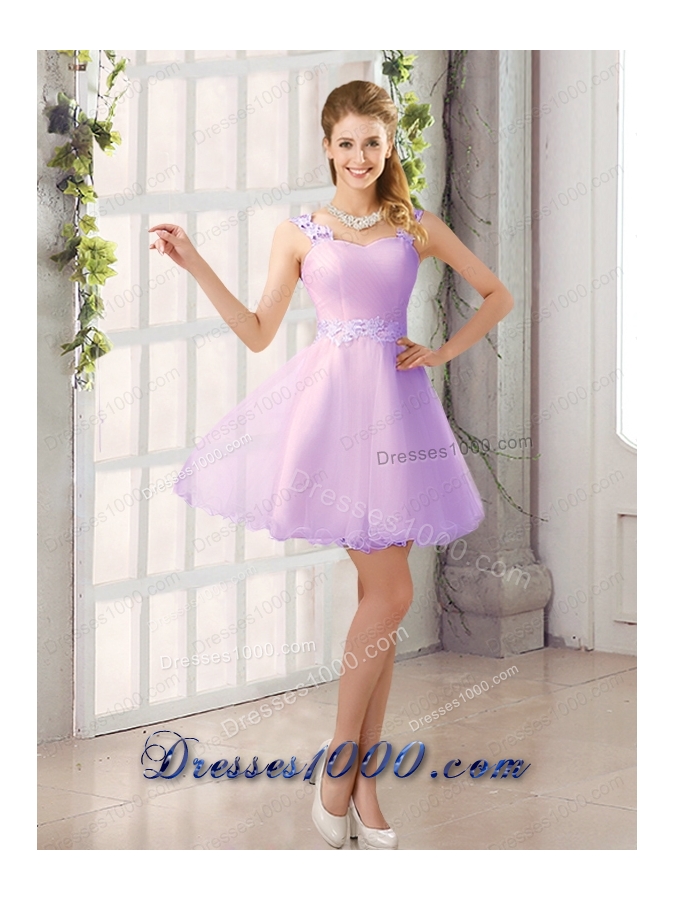 2015 Decent Straps Appliques Prom Dress with Mini Length