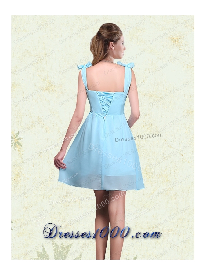A Line Straps Prom Dresses with Ruching and Bowknot