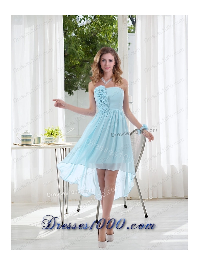 Empire Strapless Hand Made Flowers Prom Dress with High Low