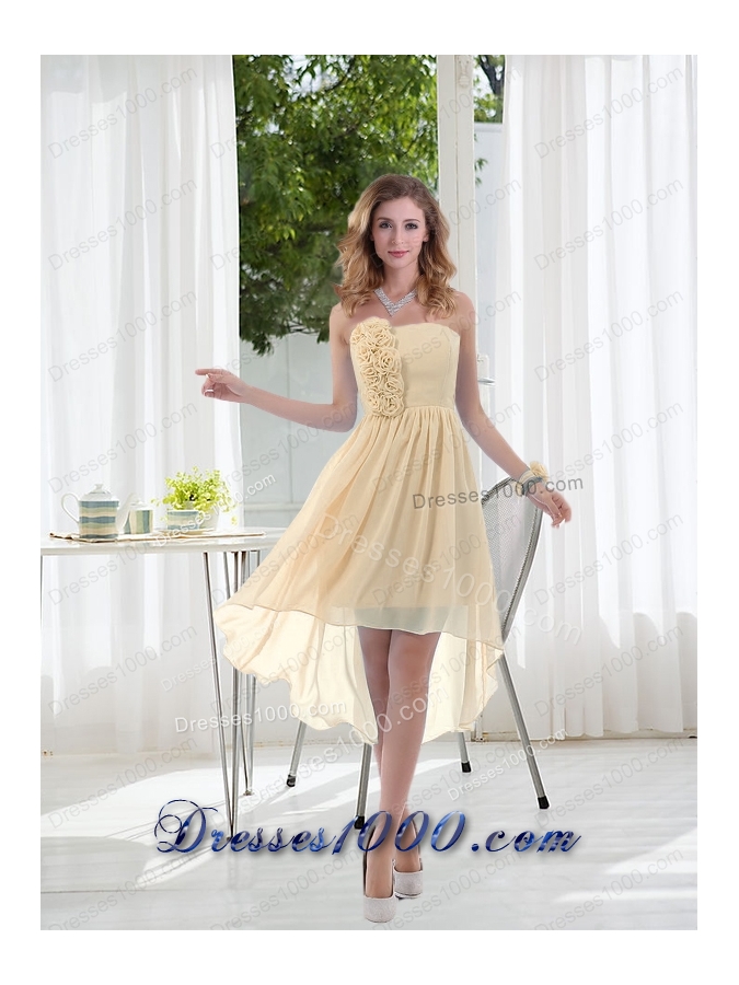 Empire Strapless Hand Made Flowers Prom Dress with High Low