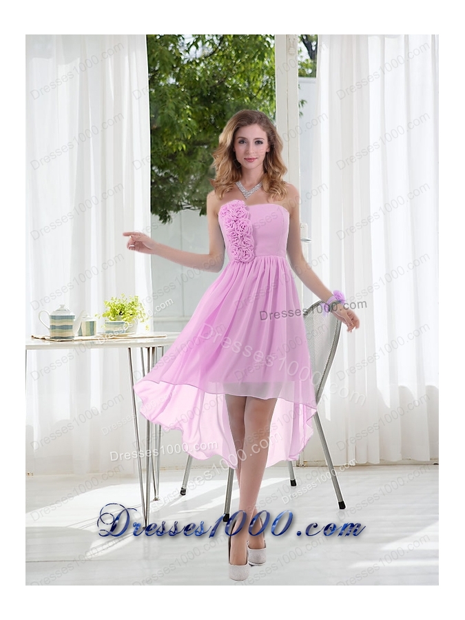 Empire Strapless Hand Made Flowers Prom Dress with High Low