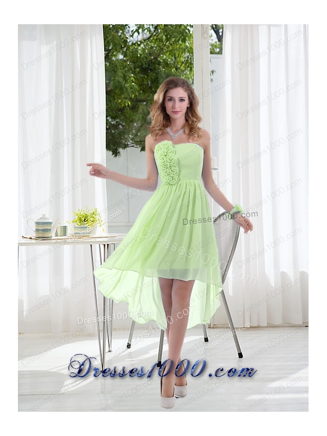 Empire Strapless Hand Made Flowers Prom Dress with High Low