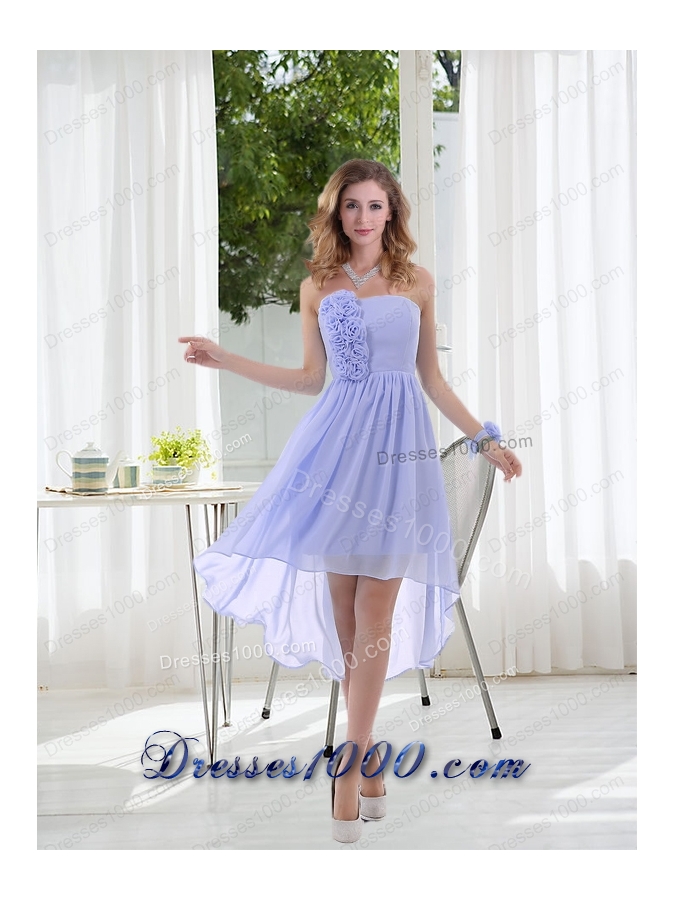 Empire Strapless Hand Made Flowers Prom Dress with High Low