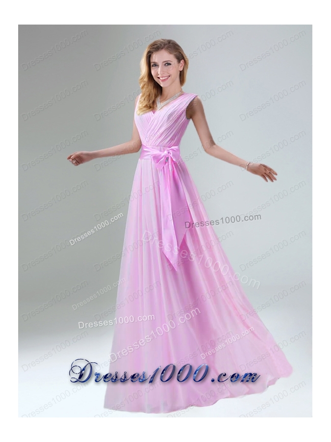 Fashionable Belt Ruching Chiffon Prom Dress with Bowknot