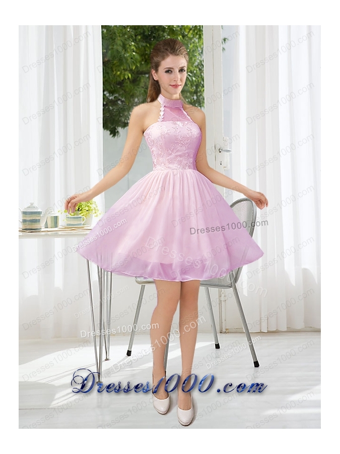 Halter Appliques Lace Up Prom Dress in Champagne