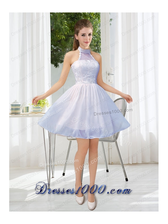 Halter Appliques Lace Up Prom Dress in Champagne