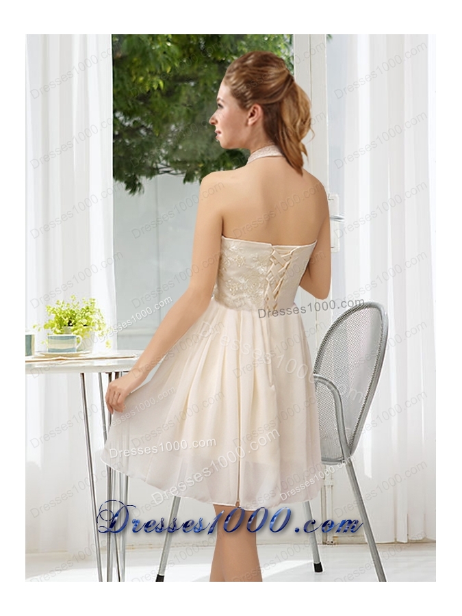 Halter Appliques Lace Up Prom Dress in Champagne