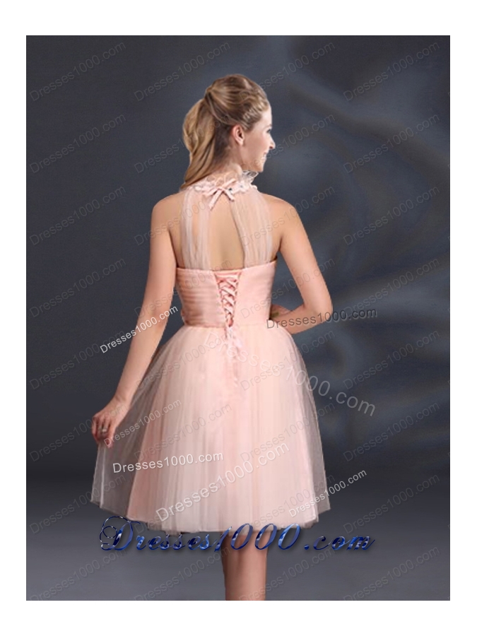 Halter Hand Made Flowers Prom Dresses with Mini Length