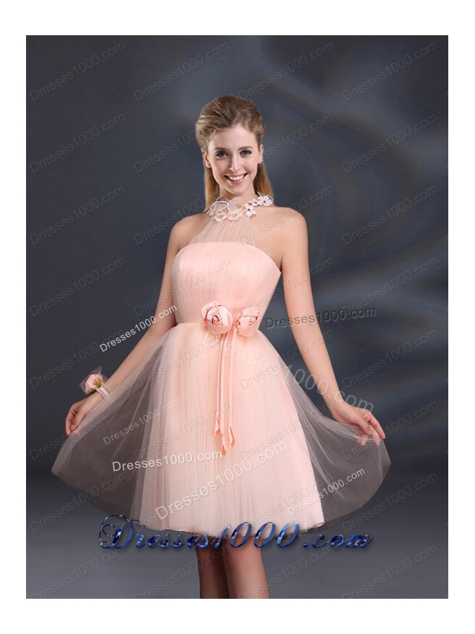 Halter Hand Made Flowers Prom Dresses with Mini Length