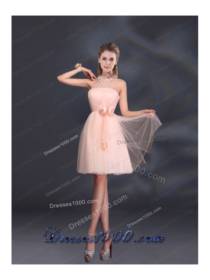 Halter Hand Made Flowers Prom Dresses with Mini Length