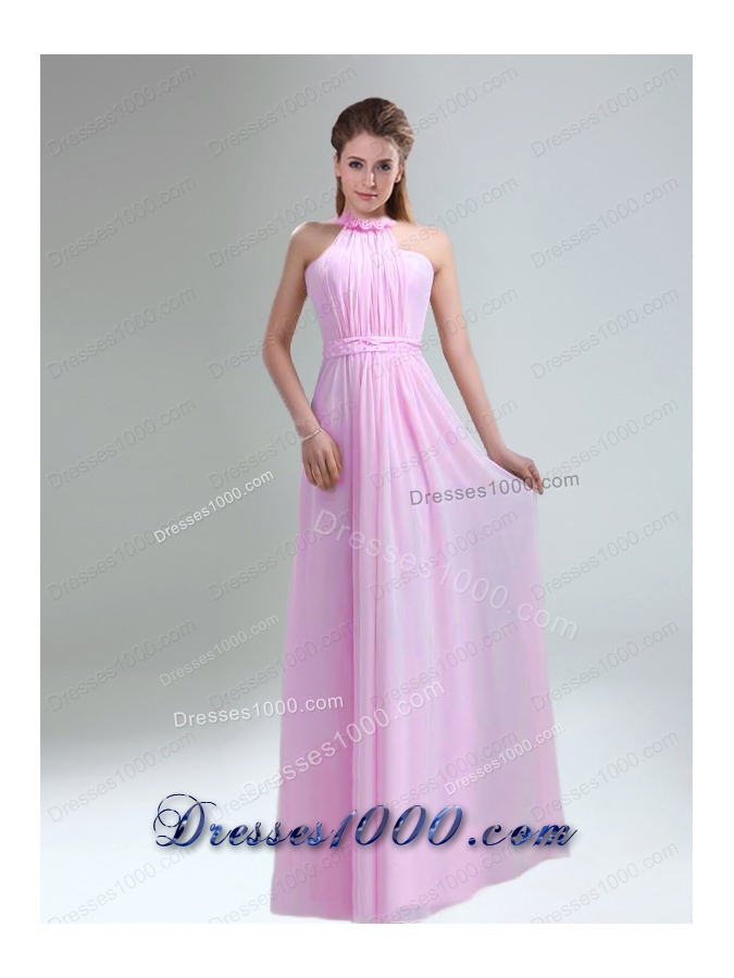 Romantic 2015 High Neck Chiffon Light Pink Prom Dress