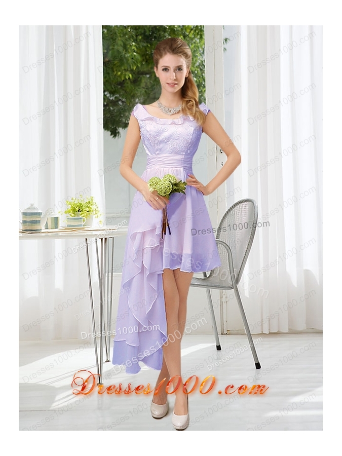 Scoop Lace High Low Short Sleeves Prom Dress