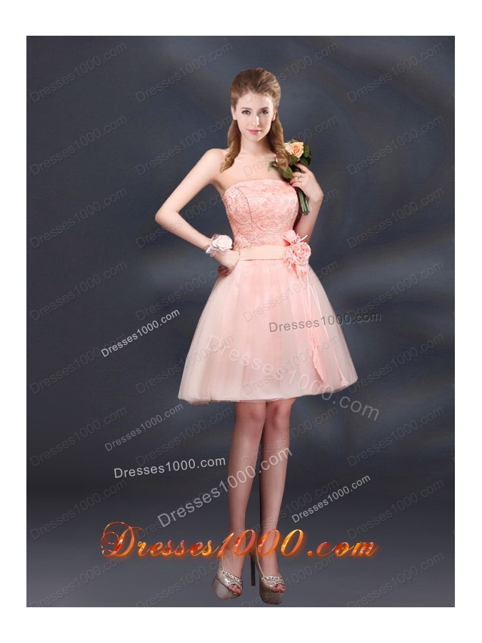 Strapless A Line Hand Made Flowers Prom Dress for 2015
