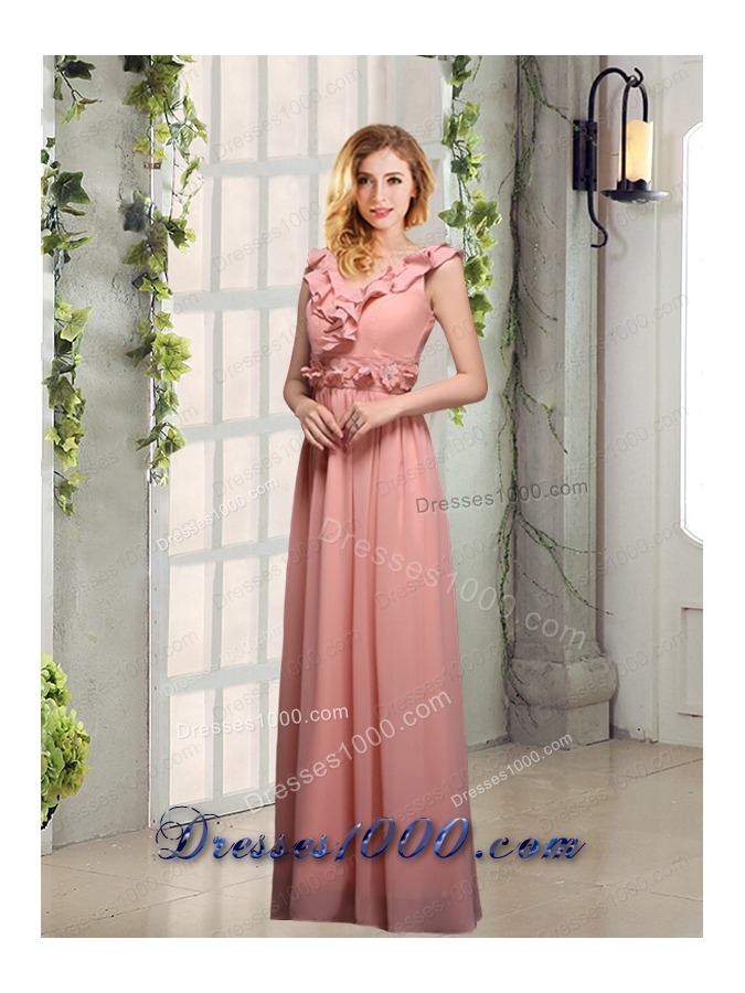 V Neck Empire Appliques Prom Dresses with Floor Length