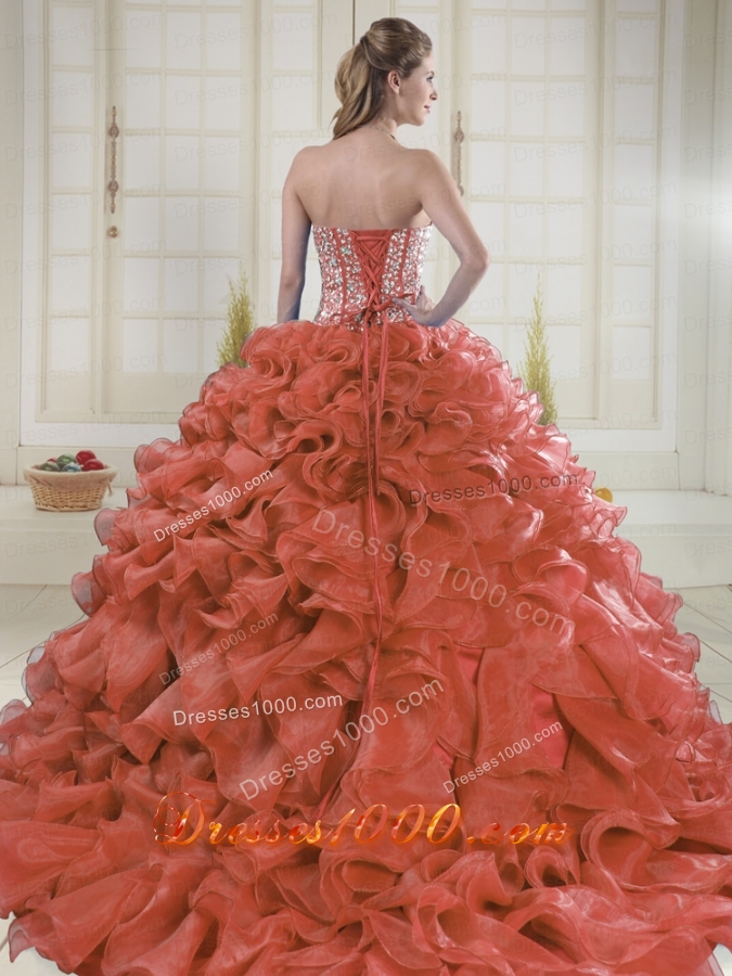 2015 Sweetheart Brush Train Red Quinceanera Dresses