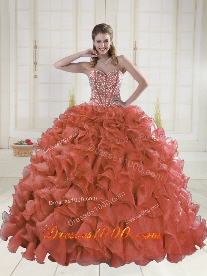 2015 Sweetheart Brush Train Red Quinceanera Dresses