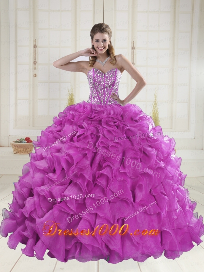 Ball Gown Sweetheart Brush Train Beading Quinceanera Dresses in Fuchsia