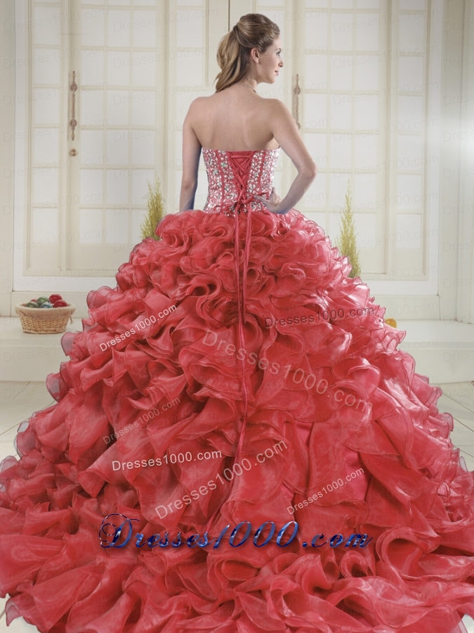 Beautiful Sweetheart Coral Red Quinceanera Dresses with Brush Train