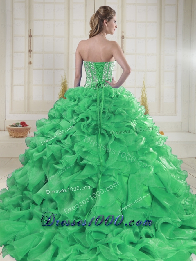 Cheap Sweetheart Brush Train Green Quinceanera Dresses in Sweet 16