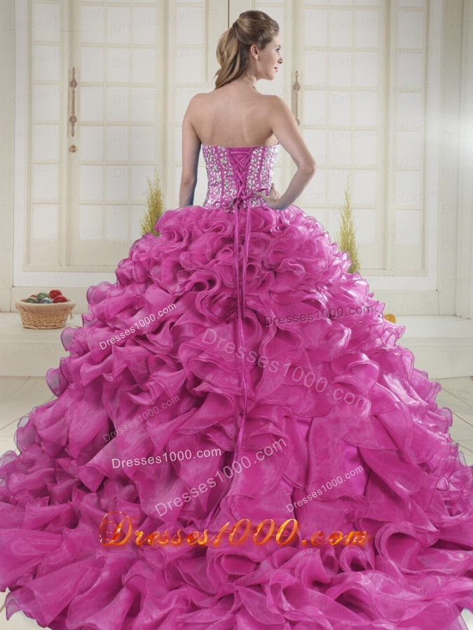 Hot Pink Sweetheart Brush Train Quinceanera Dresses in Sweet 16