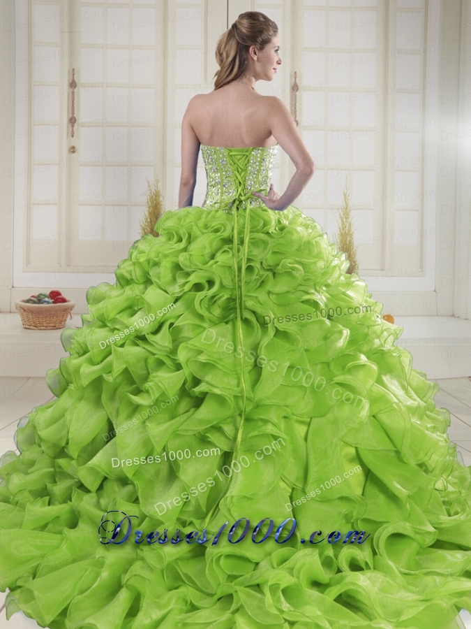 Yellow Green Sweetheart Brush Train Quinceanera Dresses