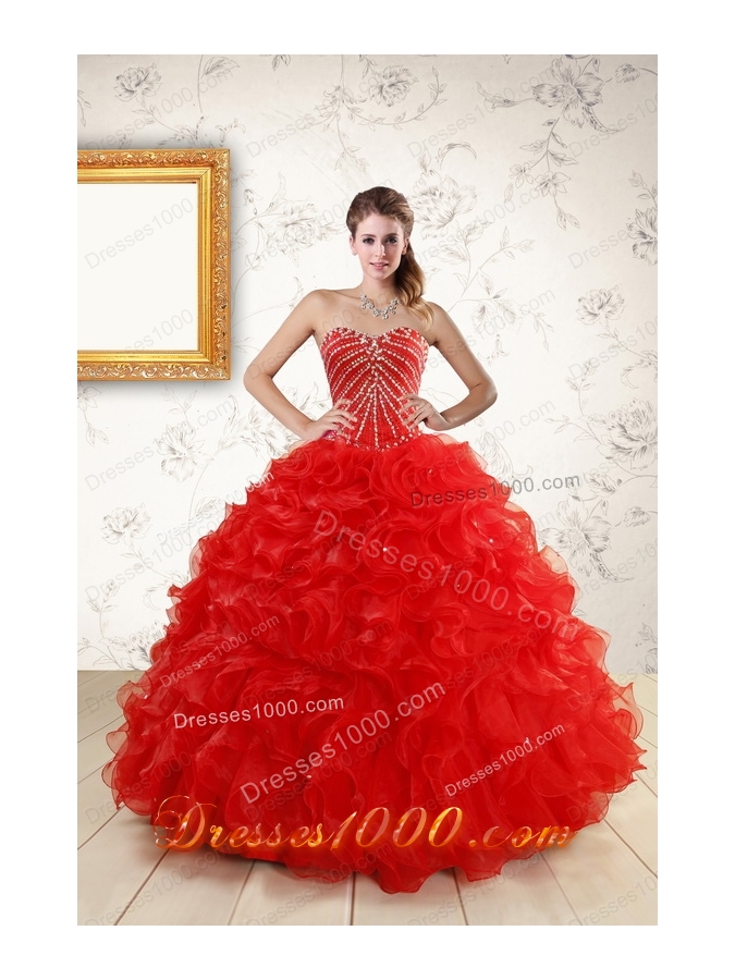 2015 Ball Gown Beading Quinceanera Dresses in Red
