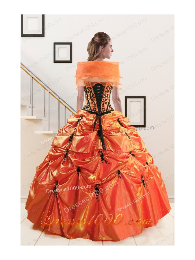 2015 Elegant Appliques Quinceanera Dresses in Orange Red and   Black
