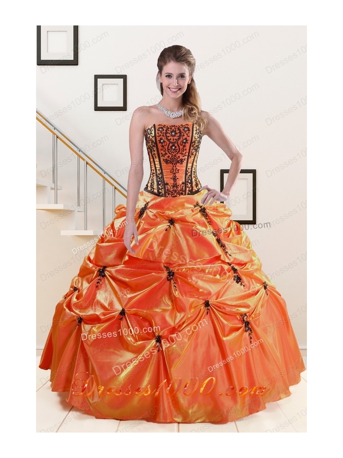 2015 Elegant Appliques Quinceanera Dresses in Orange Red and   Black