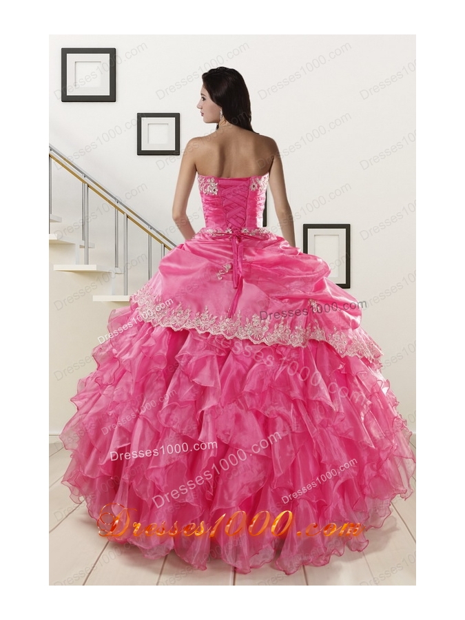 Appliques and Ruffles 2015 Hot Pink Quinceanera Gowns