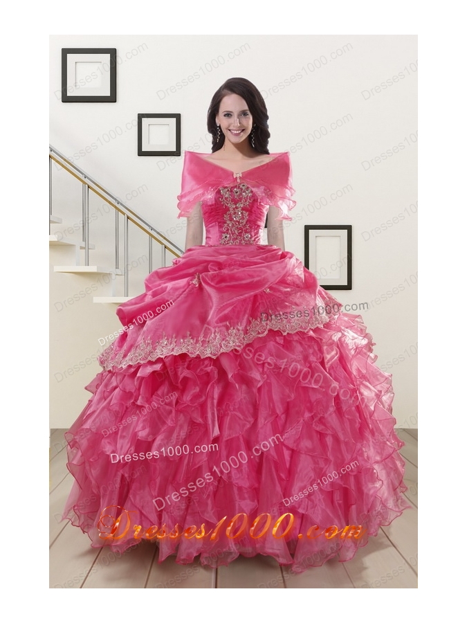 Appliques and Ruffles 2015 Hot Pink Quinceanera Gowns