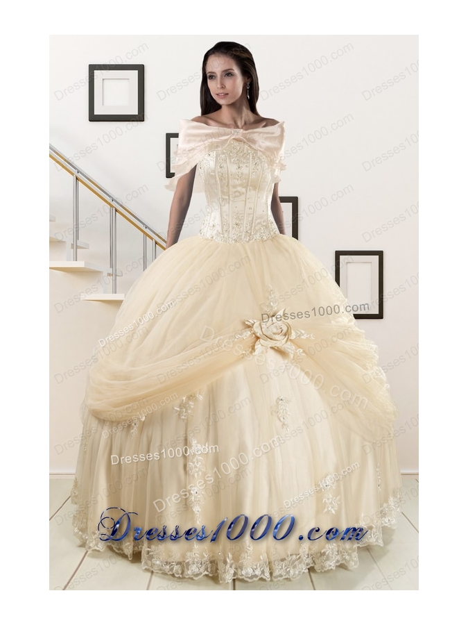 Elegant Appliques and Hand Made Flower Champagne Quince Dresses