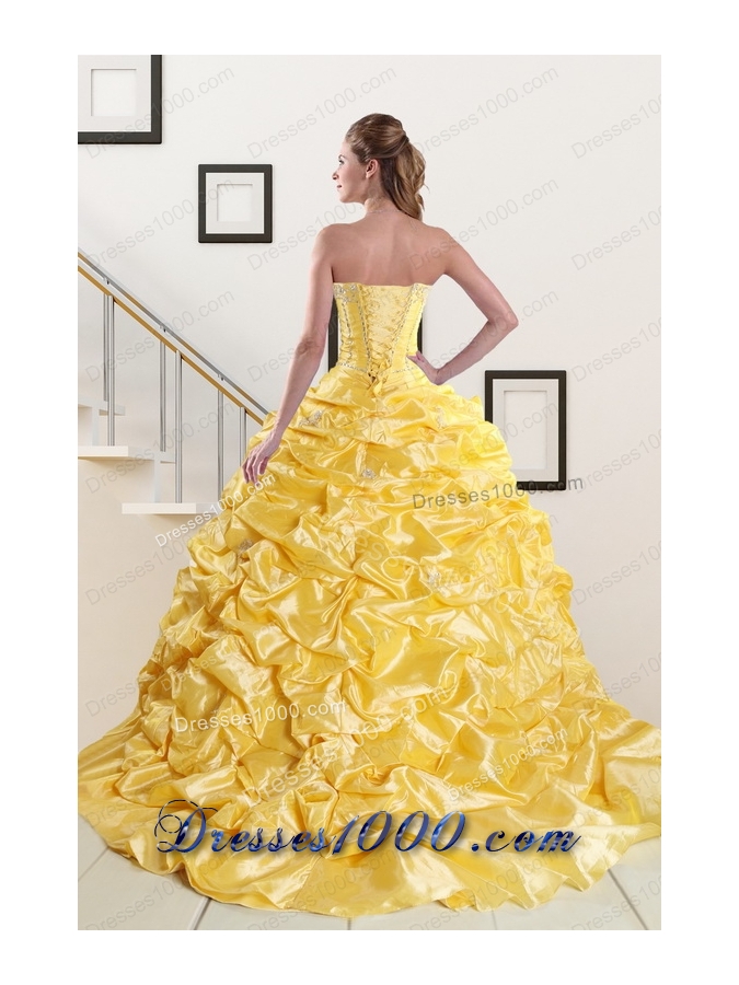 Elegant Beading Strapless 2015 Quinceanera Dresses with Sweep Train