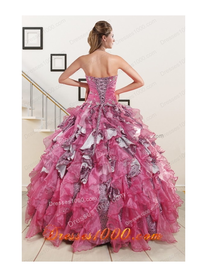 Exquisite Beading Hot Pink Sweet 15 Dress with Leopard for 2015