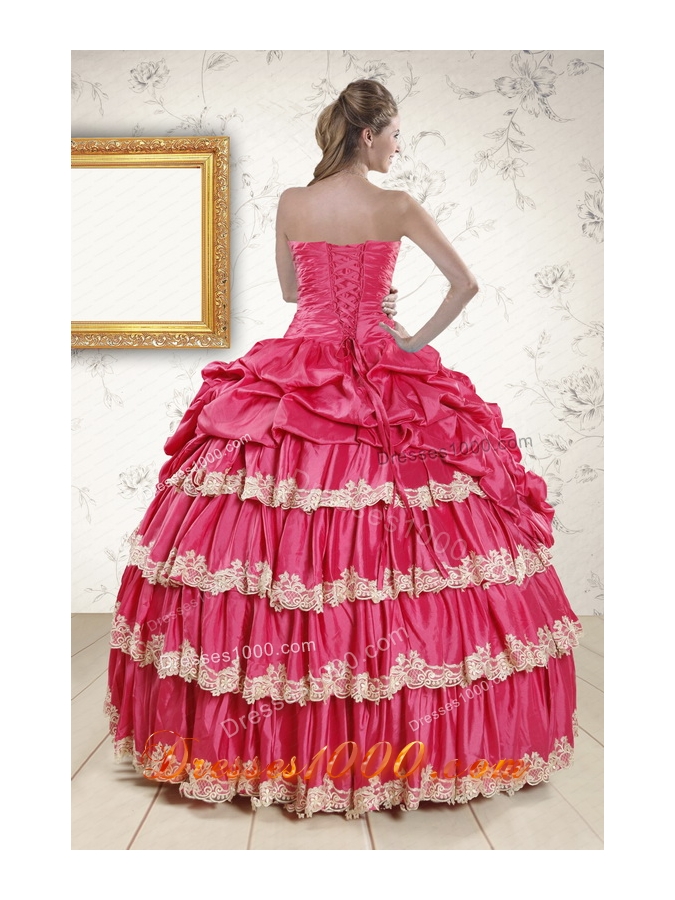 2015 Cheap Appliques Sweet 15 Dresses in Coral Red