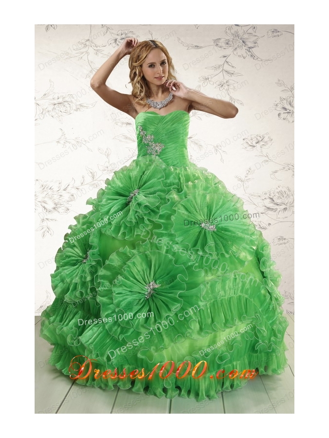 2015 Classical Sweetheart Green Quinceanera Dresses with Appliques and Ruffles