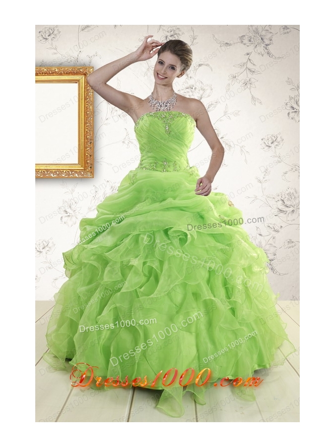 2015 Elegant Green Quinceanera Dresses with Beading and Ruffles