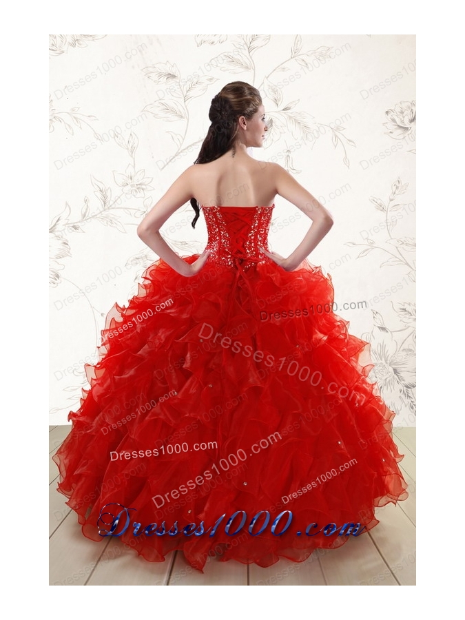 2015 Elegant Red Quinceanera Dresses with Beading and Ruffles