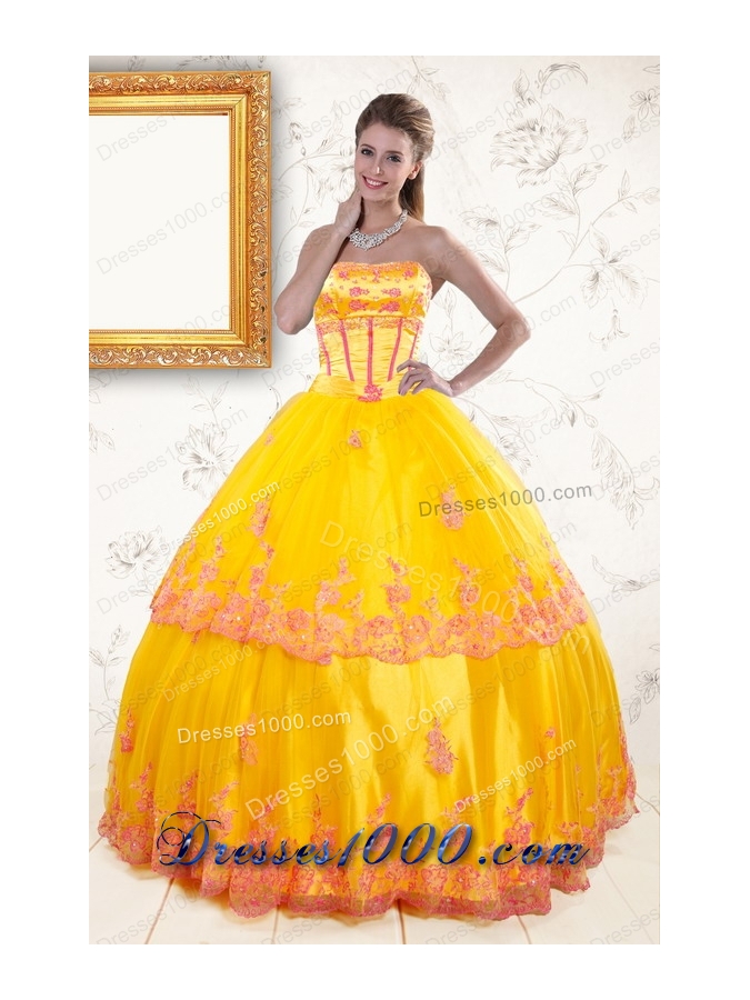 2015 Elegant Strapless Gold Quinceanera Dresses with Appliques