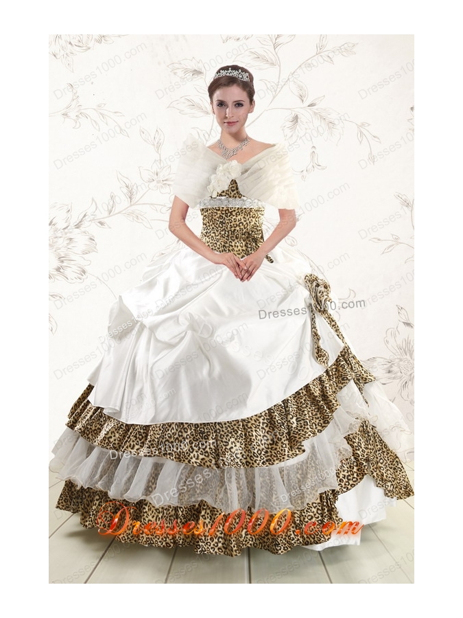 2015 Elegant Strapless Leopard Quinceanera Dresses with Hand Made Flower