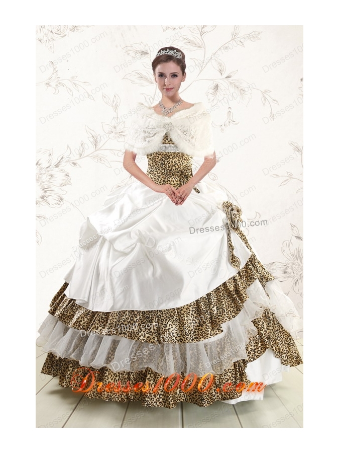 2015 Elegant Strapless Leopard Quinceanera Dresses with Hand Made Flower
