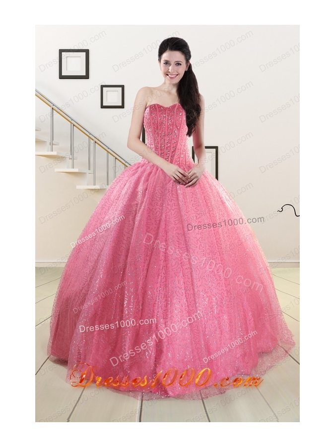 2015 Elegant Strapless Quinceanera Dresses in Rose Pink